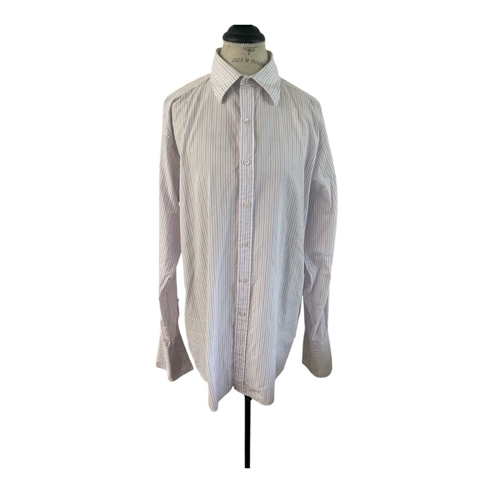 T M Lewin Dress Shirt Mens 17/36 Pink White Stripes Regular Fit Button Up Cotton